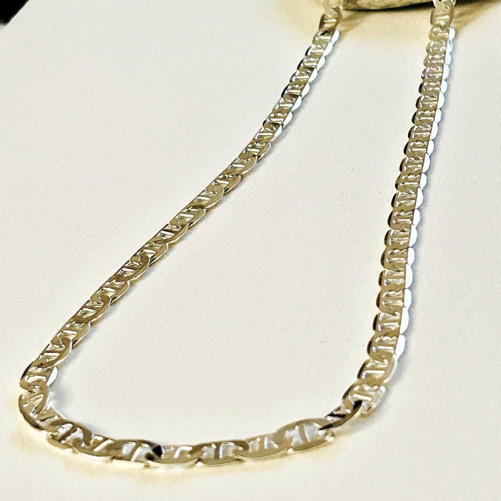 Mariner link silver plated chain. Made in Korea. Approx 29” length, width 7 mm.